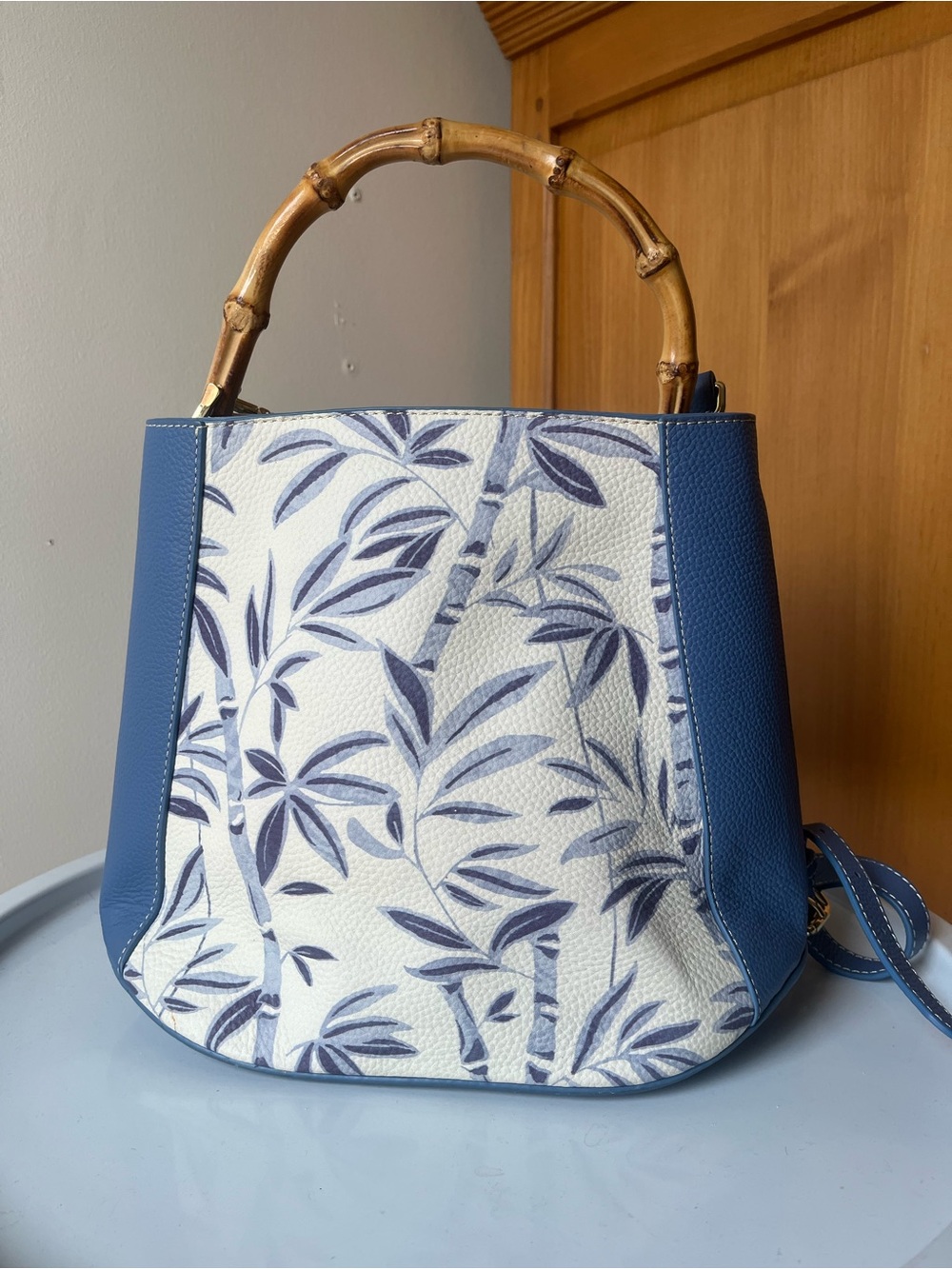 J. McLaughlin Blue & White Bamboo-Handle leather purse.